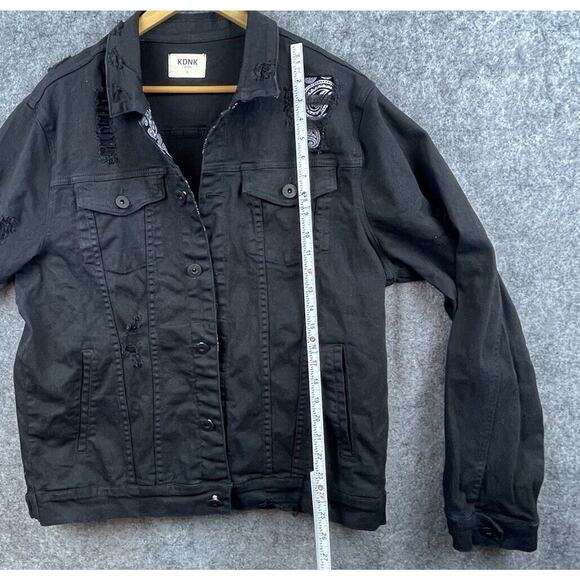 KDNK Denim Jacket Mens Extra Large Black Ripped Thrashed Paisley Grunge Rocker - Picture 5 of 7